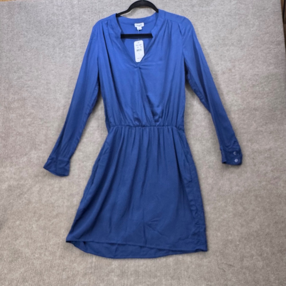 Splendid Blue Rayon V Neck Elastic Waist Long Sleeve Shirt Dress Size L